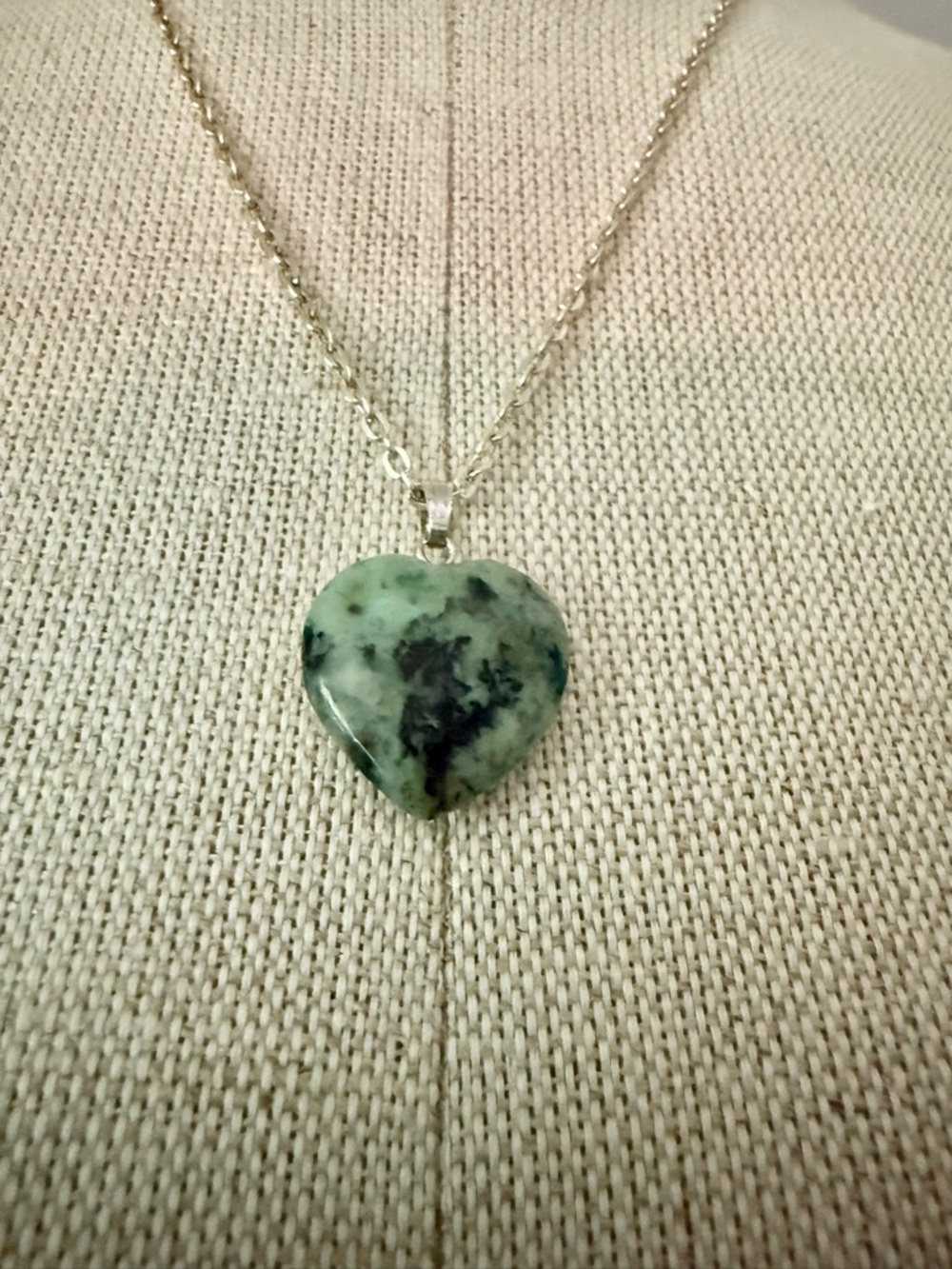 Source Unknown Green Jasper Heart Pendant Necklace with Silver Chain